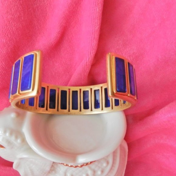 TORY BURCH Rectangle Epoxy Blue Gold Cuff Bracelet - Picture 4 of 16